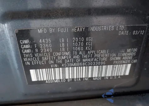 2012 Subaru Legacy 2.5I Premium from USA, damaged, VIN 4S3BMBB68C3033096